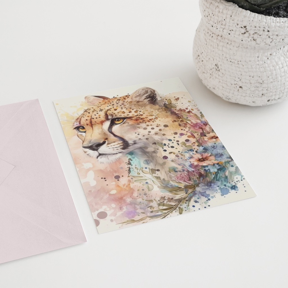 Cute Floral Cheetah Watercolor Wall Art Illustration Print Poster Card Unframed - Picture 6 of 8